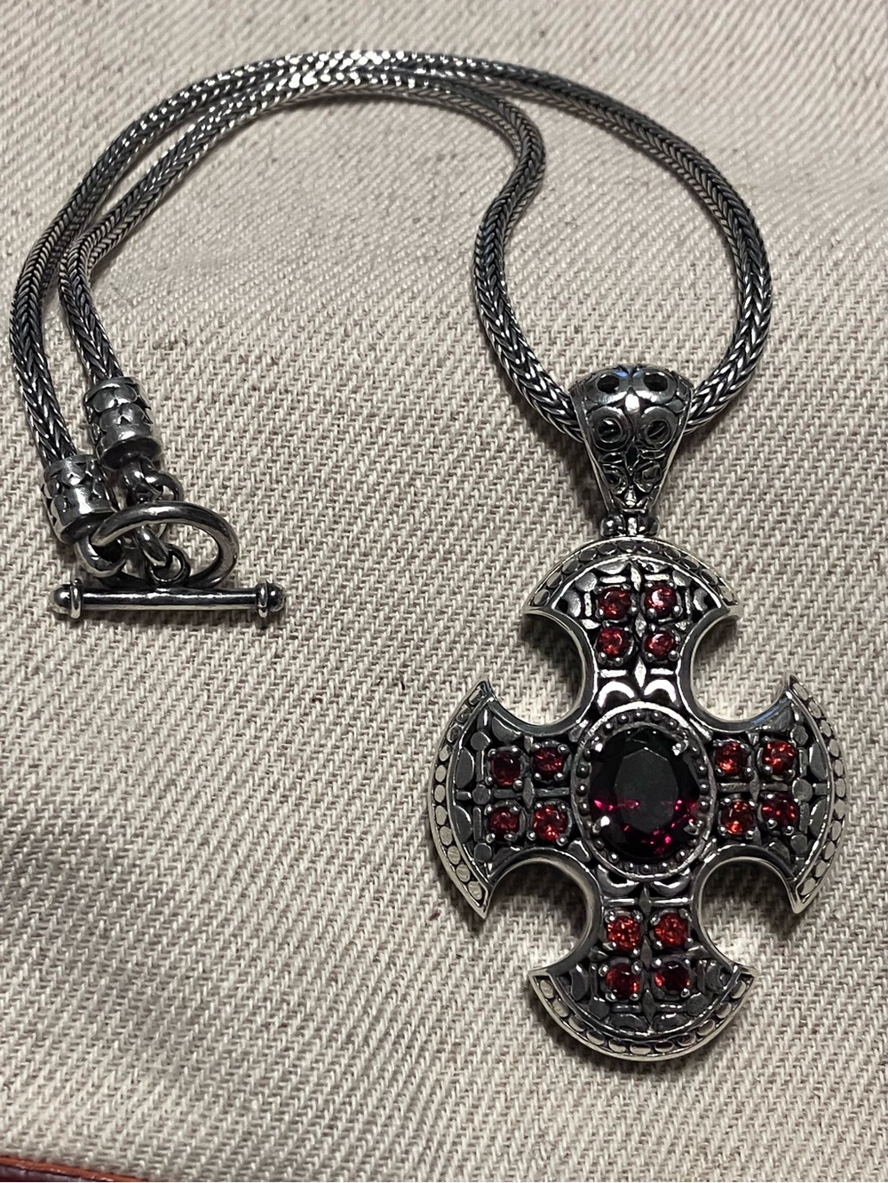 Jerusalem Cross crafted from sterling silver with Garnet inlay